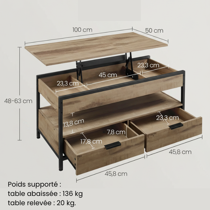 Table basse relevable avec tiroirs