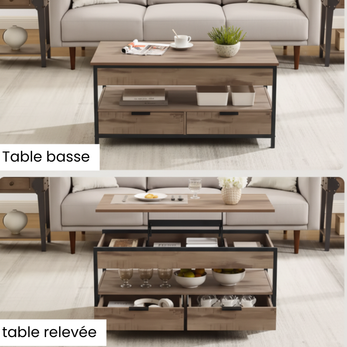Table basse relevable avec tiroirs