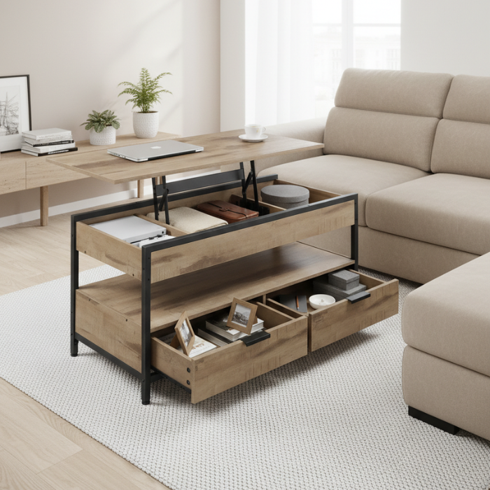 Table basse relevable avec tiroirs
