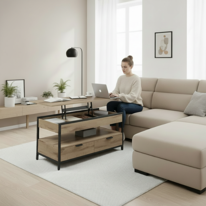 Table basse relevable avec tiroirs