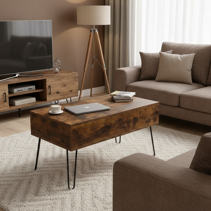 Table basse relevable à compartiment intégré