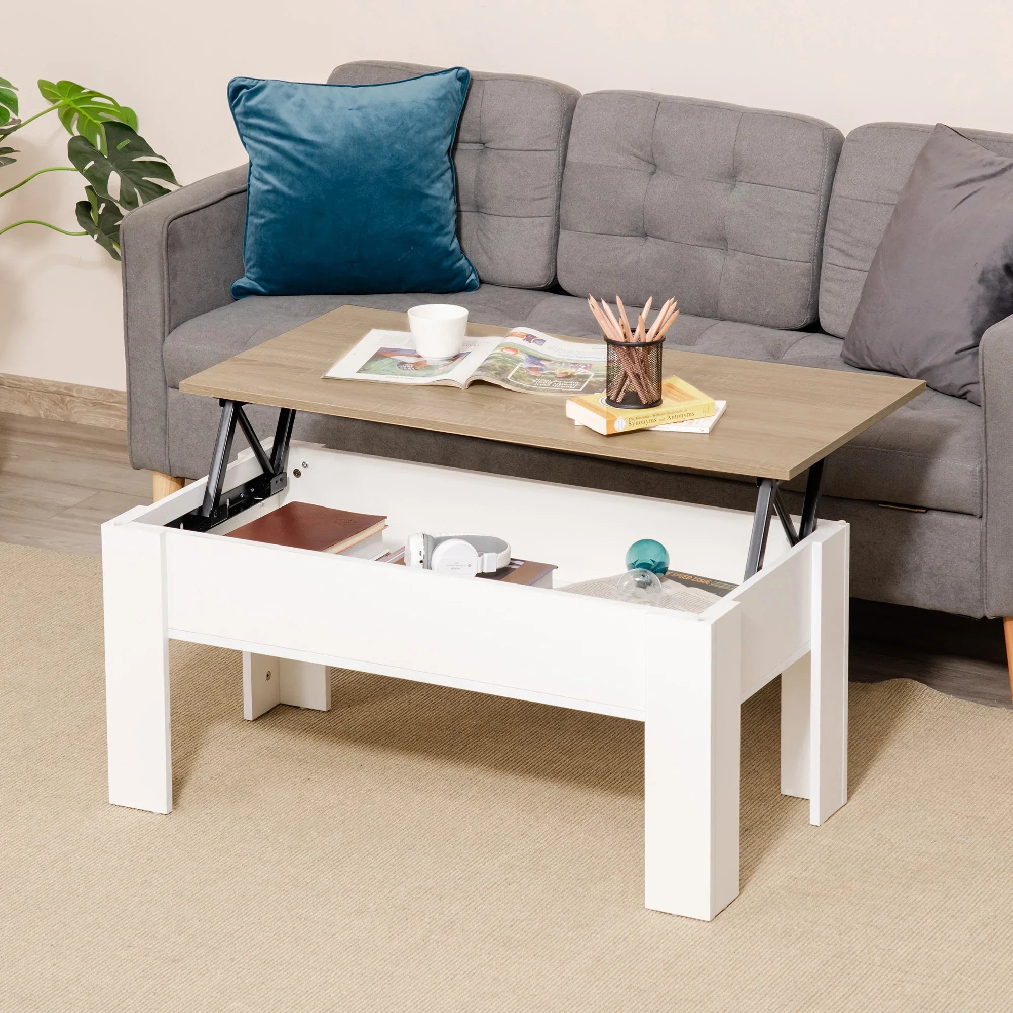 Table basse relevable avec rangement caché