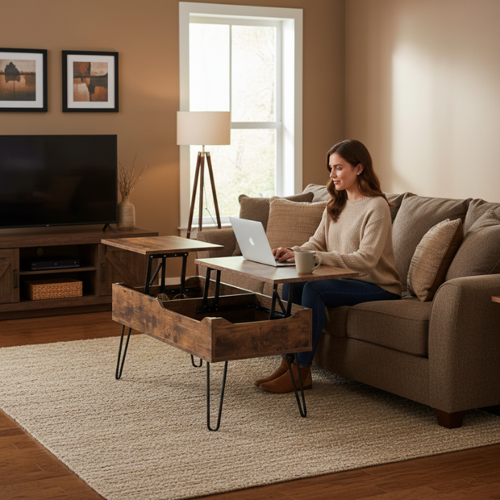 Table basse relevable à compartiment intégré