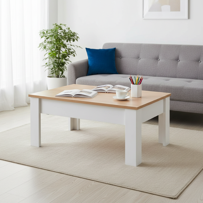 Table basse relevable avec rangement caché